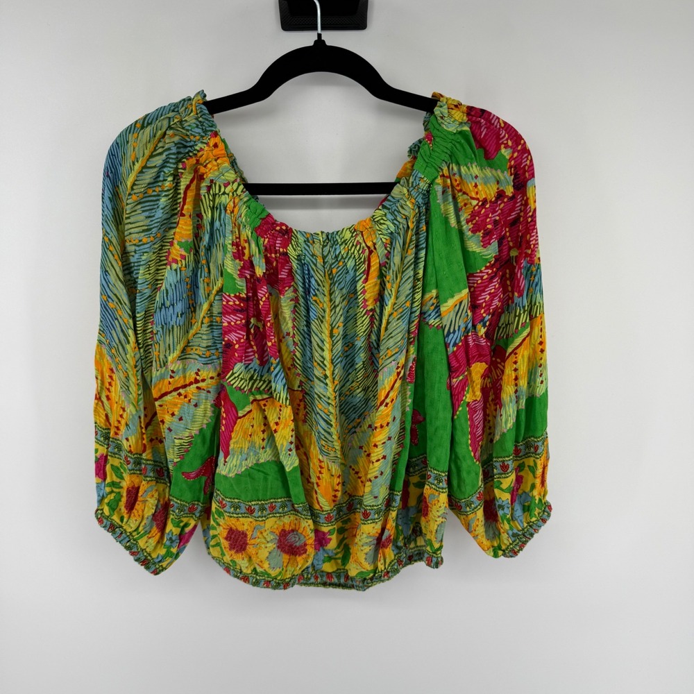 Cynthia Rowley Tropical Floral Off The‎ Shoulder Peasant Blouse Green Yellow M